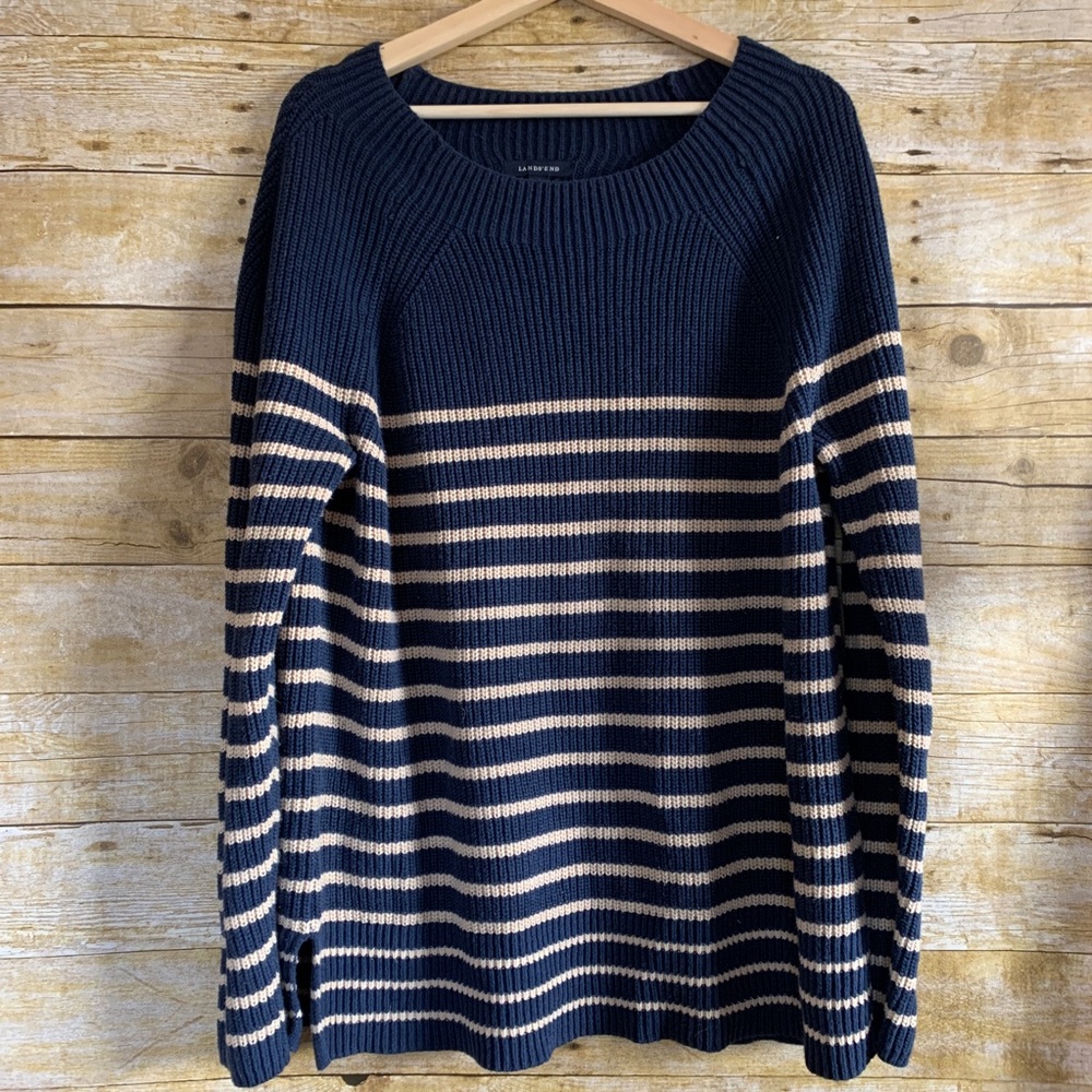 Lands End Blue Tan Striped Long Sleeve Sweater XL